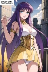 1girls ai_generated athena_(saint_seiya) big_breasts breasts clothed_female dress female female_only goddess long_hair pale-skinned_female pale_skin panties purple_hair pussy saint_seiya saori_kido shounen_jump solo thick_thighs thighs