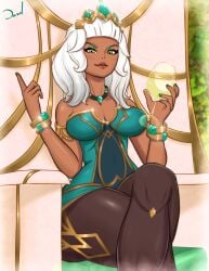 1girls big_breasts cleavage crown dark-skinned_female dark_skin dazol eyeshadow female female_only glass humanoid jewelry large_breasts league_of_legends lipstick long_hair looking_at_viewer necklace princess qiyana_yunalai solo tagme throne toned toned_female white_hair wine wine_glass