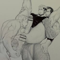 3boys anal anal_sex arm_hair bara bottomless censored clenched_teeth completely_nude erection facial_hair fellatio fisting gay gay_sex greyscale hand_in_ass large_pectorals leg_hair legs_up licking licking_penis male male_focus male_only mature_male monochrome multiple_boys muscular muscular_male naked_shirt nude oral original paid_reward_available pectorals penis sex shirt short_hair tarowo teeth testicles tongue tongue_out yaoi