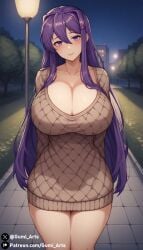 ai_generated cleavage doki_doki_literature_club gumi_arts head_tilt huge_breasts looking_at_viewer night outdoors park purple_eyes purple_hair stable_diffusion standing sweater_dress thigh_highs wide_hips yuri_(doki_doki_literature_club)