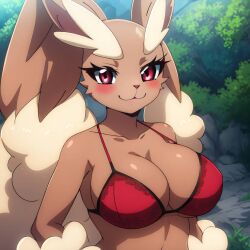 ai_generated arms_at_sides big_breasts blush bra bunny_ears busty cleavage creatures_(company) curvy female female female_only front_view furry game_freak hi_res highres lopunny nintendo pokemon pokemon_(game) pokemon_(species) red_bra red_eyes seraphim_ai smile solo stable_diffusion upper_body