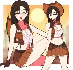 belly_button black_hair cleavage cowboy_hat cowgirl cowgirl_outfit final_fantasy final_fantasy_vii gloves hair hat jeffmiga long_hair midriff navel necklace red_eyes short_skirt skirt tifa_lockhart vest