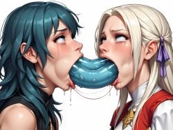 2girls ai_generated byleth_(fire_emblem) byleth_(fire_emblem)_(female) crying_with_eyes_open deepthroat dildo dildo_deepthroat double_dildo double_dildo_deepthroat drool edelgard_von_hresvelg female fire_emblem fire_emblem:_three_houses green_hair lyria_alter rolling_eyes saliva sex_toy tears yuri