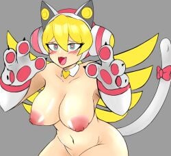 2022 :3 alternate_costume android big_breasts blush bow bow_on_tail cat_ears cat_paws cat_tail catgirl cinnamon_gaudille color_edit cute edit edited fangs female female_focus female_only greyscale heart-shaped_pupils looking_at_viewer mega_man mega_man_x mega_man_x_dive miolnel neko nude robot_girl white_day_cinnamon_(x_dive)