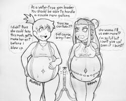 2girls about_to_burst belly_bulge belly_expansion belly_inflation bloated_belly english_text fat fat_woman female female_only inflation inflation_fetish kasumi_(pokemon) misty_(pokemon) monochrome multiple_girls nessa_(pokemon) pokemon ronic_lagann sketch text