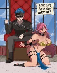 1girls arms_behind_back ball_gag bondage bound capcom chain_leash chained chains clothed_male clothed_male_nude_female cloud clouds collar curvy_female defeated defeated_villainess female femsub final_fight gag glaring glaring_at_viewer greentealickuid handcuffs hat leash leash_and_collar leashed_collar leather_collar long_hair male maledom pink_hair poison_(final_fight) sex_slave sign slave slave_bikini street_fighter sunglasses throne throne_room window window_view