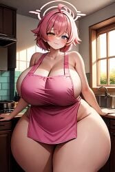 :3 abydos_high_school_student aged_up ai_generated alternate_body_type alternate_breast_size alternate_costume blue_archive foreclosure_task_force_(blue_archive) gigantic_breasts heterochromia hoshino_(blue_archive) hoshino_(young)_(blue_archive) huge_thighs kitchen looking_down official_alternate_hairstyle smug stable_diffusion thick_thighs venus_body wide_hips