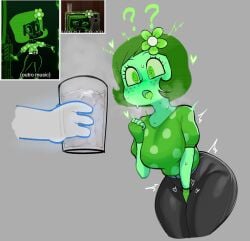 aroused black_pants brain_dump burnbot confused cum_in_container cum_in_cup female glass_of_cum goofball_the_goofy_cartoon_ghost_(character) green_body green_eyes green_flower green_hair green_shirt green_skin horny horny_female hotdiggedydemon krekk0v salty_semen_sommolier touching_self