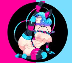 1girls animal_ears blue_eyes blue_hair breasts breasts_exposed cat_ears choker clitoral_hood clitoris fangs female female_focus female_only fit fit_female gabriela_gogonea hi_res large_breasts leg_up licking_leg long_gloves looking_at_viewer nipple_piercing nipples pink_pupils presenting purple_highlights pussy sash shaved_pussy sitting solo solo_female stockings striped_gloves striped_stockings striped_tail tail toned toned_female tongue tongue_out top_lift two_tone_hair vomi_agogo