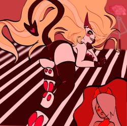 angel black_shorts charlie_morningstar_(hazbin_hotel) cute demon embarrassed from_behind goat_demon hazbin_hotel hooves humanoid lingerie looking_pleasured photoshoot semi_wholesome vaggie_(hazbin_hotel) yuri