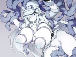 anthro black_eyes breast_grab breasts gloves gradient hat hataraku_saibou hataraku_saibou_black long_hair nipples no_bra nopan open_shirt polychromatic sex slugbox tentacle torn_clothes u-1196 uncensored uniform vaginal_penetration white_hair