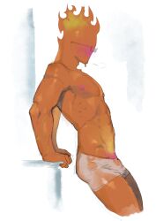 1boy abs absurd_res anthro blush bottomwear bulge clothed clothing elemental_creature fire fire_creature fire_hair fire_humanoid gay glasses glistening glistening_body grillby hi_res humanoid kogito leaning_back leaning_on_table male male_only muscular muscular_male nipples orange_body pecs pectorals pink_nipples simple_background solo solo_male translucent translucent_clothing undertale undertale_(series) underwear vein veiny_arms veiny_muscles white_background