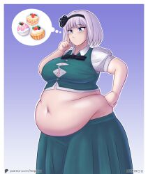 bbw belly_overhang big_belly big_breasts big_female cake chubby chubby_female fat fat_ass fat_female fat_fetish fat_girl fat_rolls fat_woman fatty large_female nepirou obese obese_female overweight overweight_female plump pork_chop thick_thighs thinking touhou weight_gain youmu_konpaku