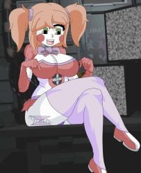 animatronic animatronic_female baby_(fnafsl) bow bowtie breasts circus_baby circus_baby_(fnaf) cleavage clown clown_girl crossed_legs eyelashes five_nights_at_freddy's five_nights_at_freddy's:_sister_location five_nights_in_anime fnaf green_eyes large_breasts midriff orange_hair rosy_cheeks shoes sister_location smile solo thick_thighs thigh_highs thighhighs thighs twintails white_skin