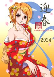 1girls cleavage cleavage_cutout female female_focus female_only kimono nami nami_(one_piece) onami one_piece orange_hair post-timeskip raida_(j5einmnjp3r49k6) shoulders wano_country