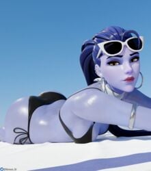 1girls 3d ass ass_cleavage ass_up beach big_ass bikini breasts butt_crack cote_d'azur_widowmaker earrings female female_only nemesis_3d overwatch purple_skin solo solo_female sunglasses sunglasses_on_head thick_thighs thighs towel widowmaker