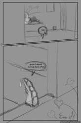 2021 bed bedroom clothed clothing comic digital_media_(artwork) furniture hi_res lya_(scalesindark) monochrome scales_(scalesindark) scalesindark scalie shade_(scalesindark) sketch voyeur