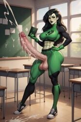 ai_generated big_breasts black_hair breasts breasts_exposed cum cumming cumshot dark dickgirl disney ejaculate ejaculating ejaculating_cum ejaculation erect_penis erection exposed_breasts futa_only futa_sans_pussy futanari green_skin hair kim_possible long_hair shadytree shego