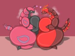 2girls arthropod ass asymmetrical_docking big_ass big_belly breath centipede centiskorch hand_on_breast heart hi_res holding_breast huge_breasts long_body looking_at_partner multiple_girls nipples obese obese_female pokémon_(species) pokemon purdcon0v0 pussy scolipede thick_thighs thunder_thighs wide_hips yuri