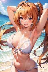 1girls ai_generated beach bikini bikini_top breasts brown_hair eiyuu_densetsu estelle_bright happy long_hair medium_breasts nipples perky_breasts perky_nipples red_eyes see-through sen_no_kiseki smile sora_no_kiseki trails_in_the_sky trails_of_cold_steel twintails wet wet_body white_bikini