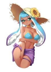 bikini blue_hair dark-skinned_female grabbing_arm green_eyes holding_arm inkling inkling_girl large_breasts little_blood multicolored_hair purple_hair sarong splatoon sun_hat sunflower swimsuit thigh_strap