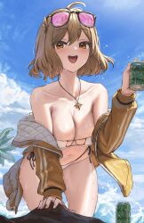 1girls :d ahoge all_fours anis_(nikke) anis_(sparkling_summer)_(nikke) athenawyrm aviator_sunglasses bare_shoulders bikini blue_sky blush breasts brown_eyes brown_hair can cleavage cloud collarbone commentary day drink_can eyepatch_bikini eyewear_on_head female goddess_of_victory:_nikke hair_between_eyes highres holding holding_can jacket jewelry large_breasts looking_at_viewer medium_hair navel necklace ocean off_shoulder official_alternate_costume open_mouth outdoors pink-tinted_eyewear rock side-tie_bikini_bottom sidelocks sky smile soda_can solo star_(symbol) star_necklace stomach sunglasses swimsuit teeth tinted_eyewear upper_teeth_only wet white_bikini yellow_jacket