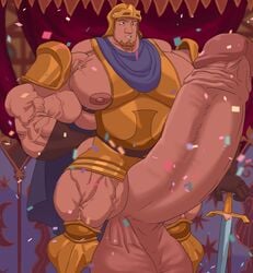 abs armor arms_behind_back biceps blonde_hair boner cape confetti disney erection facial_hair gloves gold helmet huge_balls huge_cock huge_testicles human hyper hyper_balls hyper_genitalia hyper_muscles hyper_penis hyper_testicles looking_at_penis looking_down male male_focus male_only medieval_armour muscle muscles muscular muscular_arms muscular_legs muscular_male muscular_thighs nipples pecs phoebus purple remert smile smiling solo solo_male sword thick_thighs veiny_muscles veiny_penis