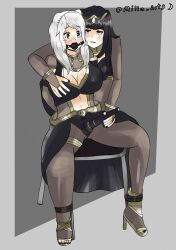 2girls alternate_costume ass_visible_through_thighs ball_gag bangs bare_midriff black_eyes black_hair black_nails black_panties bodystocking bondage bound bound_to_chair breast_grab breasts chair cleavage cosplay female female_only femdom femsub fire_emblem fire_emblem_awakening gag groping large_breasts long_hair midriff milla_arts multiple_girls nail_polish nintendo panties pantyhose restrained robin_(fire_emblem) robin_(fire_emblem)_(female) sex_toy sitting tharja_(fire_emblem) tharja_(fire_emblem)_(cosplay) twintails vibrator white_hair