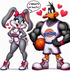 after_transformation ai_generated basketball basketball_uniform bow bugs_bunny daffy_duck edited fembugs_bunny feminine_pose feminization high_heel_sneakers high_heels looney_tunes mtf_transformation pigtails rule_63 space_jam warner_brothers