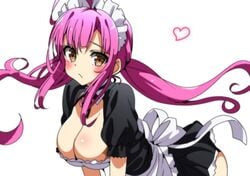 apron blush breasts cleavage dress female gakkou_gurashi! heart large_breasts long_hair maid maid_apron maid_headdress neck_ribbon pink_hair ribbon sakura_megumi simple_background yellow_eyes