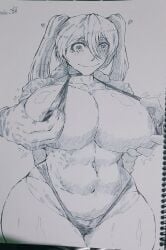 ababachenchen big_breasts crazy_eyes hatsune_miku holding_breast musclegut sketch smile smiling swimsuit thong touching_breast traditional_media_(artwork) venus_body