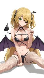 absurdres bare_arms bare_midriff bat_wings belly belly_button black_bra black_choker black_collar black_fishnet_legwear black_fishnet_stockings black_nails black_panties black_ribbon blonde_hair bra breasts choker collar demon_tail demon_wings eyepatch female fischl_(genshin_impact) fishnet_thighhighs fishnets genshin_impact green_eyes hair_ornament hair_ornaments hair_over_one_eye hair_ribbon halloween_costume hand_up highres legs legs_apart legs_spread lingerie llami_0 long_hair medium_breasts nail_polish navel painted_nails panties shoulders shy shy_expression shy_face sitting sitting_down slender_body slender_waist slim_girl slim_waist solo solo_female spread_legs stomach succubus tail thighhighs thighs thin_waist twintails two_side_up underwear very_long_hair white_background wings