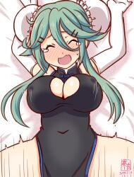 alternate_breast_size alternate_costume artist_logo black_dress blanket blush bouncing_breasts breasts bun_cover china_dress chinese_clothes cleavage_cutout clothing_cutout dated double_bun dress elbow_gloves female female_focus gloves green_hair hair_between_eyes hair_bun hair_ornament hairclip kanon_(kurogane_knights) kantai_collection large_breasts long_hair lying on_back one-hour_drawing_challenge open_mouth sex solo_focus spread_legs tears yamakaze_(kantai_collection)