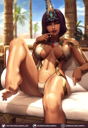 1girls 5_toes barefoot big_breasts blue_eyes bob_cut braid breasts cameltoe cute dark-skinned_female dark_hair dark_skin egyptian egyptian_clothes egyptian_mythology feet female_only goddess gold hair hair_ornament hi-rez_studios hips jewel jewelry large_breasts lipstick looking_at_viewer luminyu navel navel_piercing neith neith_(smite) ornament piercing piercings purple_hair realistic short_hair sitting smile smite solo tattoo tattoos thick_thighs thighs throne toes