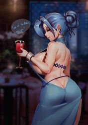 +_+ 1girl 1girls absurdres ako_(blue_archive) ako_(blue_archive)_(cosplay) ako_(dress)_(blue_archive) ako_(dress)_(blue_archive)_(cosplay) alternate_costume alternate_hairstyle armwear ass ass_cleavage backless_dress backless_outfit bathsalts bathsalts1 big_breasts blue_archive blue_dress blue_hair blurry_background bracelet breasts butt_crack cosplay cross_pupils cup dimples_of_venus dress drinking_glass ear_piercing earrings english english_text eyeshadow female female_only glass hair hair_bun half-closed_eyes highres huge_breasts indoors jewelry looking_at_viewer looking_back makeup mascara missing_eye red_eyes scar scar_across_mouth scar_on_face sideboob skimpy skimpy_dress skullgirls sleeveless_dress smile solo solo_female speech_bubble tied_hair valentine_(skullgirls) wine