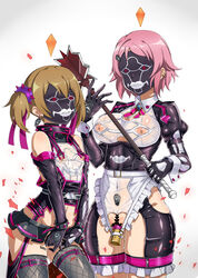 2girls ayano_keiko breasts censored corrupted corruption dildo dildo_harness female female_masturbation female_only fingering gozaru laughing_coffin lisbeth mask masked masked_female masturbation multiple_girls nipple_piercing pink_hair revealing_clothes sex_toy shinozaki_rika silica sword_art_online tagme thighs unseen_female_face vaginal_insertion