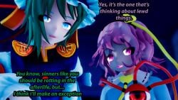 2girls blue_eyes dialogue eiki_shiki english_text fully_clothed green_hair looking_at_viewer mind_reading multiple_girls open_mouth purple_eyes purple_hair satori_komeiji short_hair talking_to_viewer third_eye touhou vovun