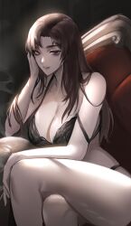 1girls bare_legs big_breasts black_eyes black_hair bra bra_down bra_removed crossed_legs female female_only jujutsu_kaisen lingerie lingerie_only long_hair looking_at_viewer panties shoko_ieiri sitting slim_waist thick_thighs tommietomm wide_hips