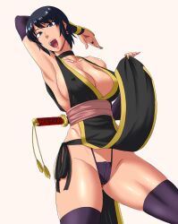 :d alternate_color alternate_costume arm_behind_head arm_guards arm_up armpits black_eyes black_hair black_kimono black_panties black_thighhighs breasts bridal_gauntlets choker cleavage clothes_lift commentary_request cosplay covered_nipples cowboy_shot dead_or_alive earrings fatal_frame fatal_frame_3 female fingernails groin happy highleg highleg_panties hip_bones japanese_clothes jewelry kasumi_(doa) kasumi_(doa)_(cosplay) kimono kimono_lift kurosawa_rei large_breasts lipstick long_fingernails looking_at_viewer makeup ml mole mole_under_eye nail_polish no_bra open_mouth panties parted_bangs pelvic_curtain sash sheathed shiny_skin short_hair side_slit sideboob simple_background smile solo standing string_panties sword tassel thick_thighs thighhighs thighs underwear weapon weapon_on_back weapon_sheath white_background wide_hips