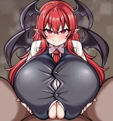 1boy 1girls alternate_breast_size breast_grab clothed_female clothed_female_nude_male clothed_paizuri demon_girl detritus female female_focus head_wings huge_breasts hyper_breasts koakuma long_hair looking_at_viewer male male/female necktie nude_male pointy_ears pressing_breasts_together red_eyes red_hair smile smiling_at_viewer succubus titjob touhou