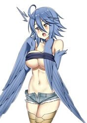 1girls alternate_breast_size bare_midriff bare_shoulders big_breasts blue_hair blush cleavage commission feathered_wings harpy huge_breasts monster_girl monster_musume_no_iru_nichijou open_mouth papi_(monster_musume) ryle solo solo_female surprised tagme underboob wings yellow_eyes