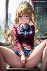 1girls ai_generated bangs blazer blonde_hair blue_bow blue_bowtie blue_eyes blue_skirt blush bow bowtie breasts chalkboard classroom classroom_of_the_elite closed_mouth collared_shirt covering covering_crotch desk edosynf female hair_ornament hair_scrunchie high_ponytail highres indoors jacket karuizawa_kei long_hair long_sleeves looking_at_viewer no_panties on_desk pleated_skirt ponytail purple_eyes school_uniform scrunchie shirt sitting skirt skirt_lift solo spread_legs teasing white_shirt window