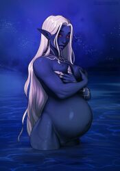 1girls blue-skinned_female breasts dark-skinned_female elf female female_only huge_belly looking_at_viewer narodii pregnant ready_to_pop solo