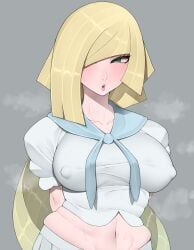 1girls big_breasts blonde_hair blush breasts clothing cosplay erect_nipples female female_only game_freak green_eyes hair hair_over_one_eye huge_breasts lillie_(pokemon)_(cosplay) lips long_hair lusamine_(pokemon) mature mature_female mature_woman milf mother nipple_bulge nipples_visible_through_clothing pokemon pokemon_sm puritika solo solo_female steam steaming_body steamy topwear upper_body