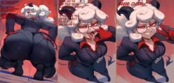 1girls 1male 3koma ai_generated crossover doom doom_slayer_(doom) dspaceous english_text female female_pred giantess helltaker horns huge_ass imminent_vore large_breasts larger_female pandemonica_(helltaker) red_eyes size_difference squatting vore white_hair