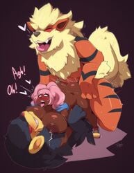 ahe_gao all_fours ambiguous_penetration arcanine ass big_breasts blush bodily_fluids breasts dark-skinned_female dark_body dark_skin dialogue doggy_style english_text erect_nipples female female_on_feral feral feral_penetrating feral_penetrating_female feral_penetrating_human from_behind_position fucked_silly group group_sex hair heart hi_res human human_on_feral human_penetrated interspecies lactating looking_pleasured luxray male male/female mammal milk ming-ming_yúan mounting nintendo nipples open_mouth penetration pink_hair poképhilia pokemon pokemon_(species) rbst sex shiny_pokemon text threesome tongue tongue_out video_games zoophilia