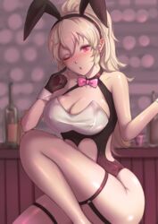 1girls alternate_costume bare_arms bare_legs bare_thighs big_breasts blonde_female blush bunny_ears bunny_girl bunnysuit cleavage corrin_(fire_emblem) corrin_(fire_emblem)_(female) finger_to_face fire_emblem fire_emblem_fates garter_straps gloves jtaka large_breasts long_hair looking_at_viewer nintendo one_eye_closed pointy_ears ponytail red_eyes seductive solo solo_female wink