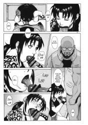 1boy 1girls age_difference azasuke big_penis black_lagoon blowjob boss_and_subordinate censored comic doujinshi duo dutch_(black_lagoon) english_text fellatio hotpants licking licking_penis oral revy tank_top tattoo