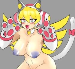 2022 :3 alternate_costume android big_breasts blue_nipples blush blush bow bow_on_tail cat_ears cat_paws cat_tail catgirl cinnamon_gaudille color_edit cute edit edited fangs female female_focus female_only greyscale heart-shaped_pupils looking_at_viewer mega_man mega_man_x mega_man_x_dive miolnel neko nude robot_girl white_day_cinnamon_(x_dive)