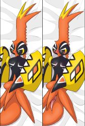 2d_(artwork) animal_genitalia animal_penis avian avian_penis bed_sheet bedding bird black_body blue_eyes blush bodily_fluids body_hair cel_shading claws cloacal_penis coberrycheesesnek_(artist) colored dakimakura_design dakimakura_pose digital_drawing_(artwork) digital_media_(artwork) dripping feathered_crest feathers feral full-length_portrait generation_7_pokemon genital_fluids genitals glistening glistening_eyes happy_trail head_crest hi_res legendary_pokemon legless looking_at_viewer lying male markings nintendo nude on_back orange_body orange_feathers penis pokemon pokemon_(species) portrait precum precum_drip presenting presenting_penis shaded simple_background solo tail tail_feathers tapering_penis tapu_koko unusual_anatomy white_markings yellow_body yellow_feathers